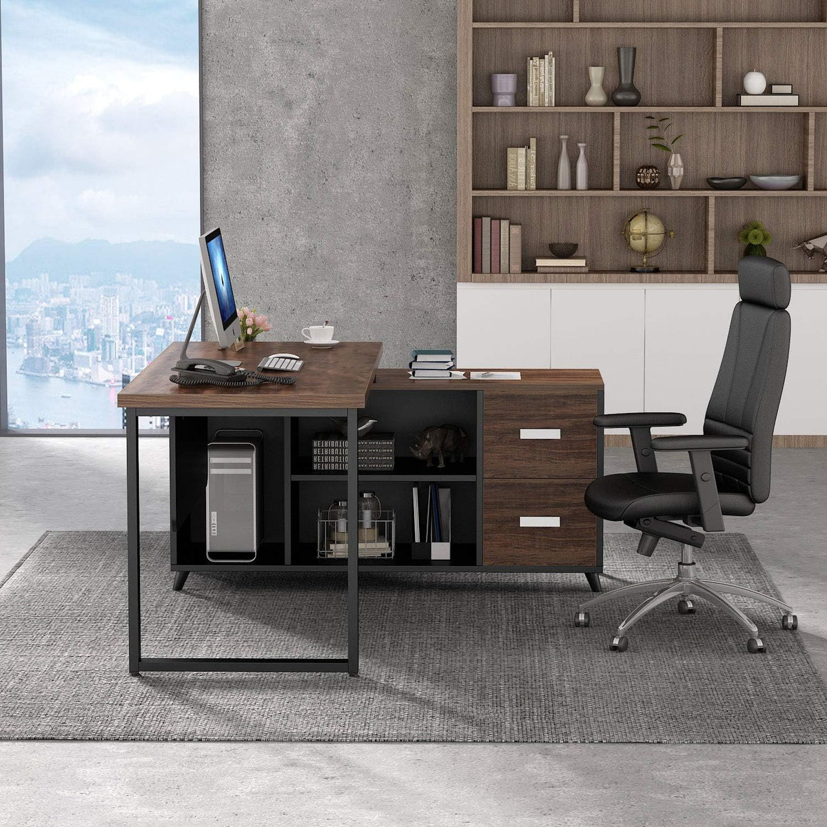 55 Inch L-Shaped Computer Desk with Drawers and File Cabinet X505489