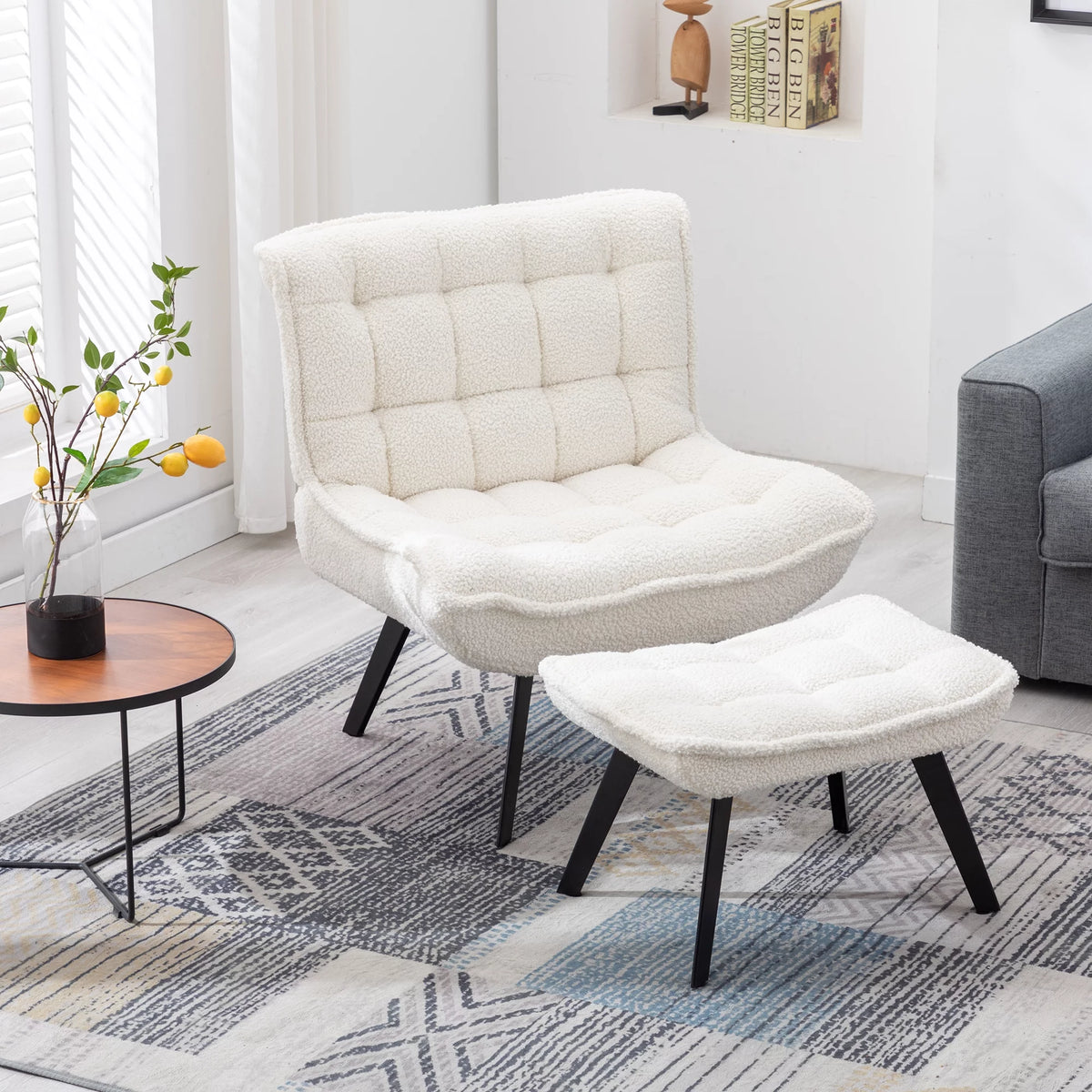 White Teddy Fabric Accent Chair with Ottoman N60555