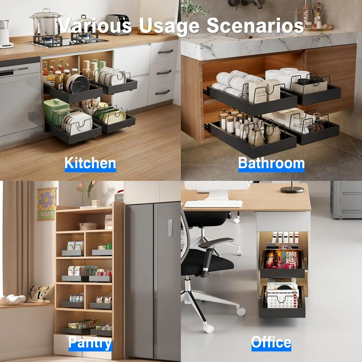 2 Pack Pull Out Cabinet Organizer, Slide Out Drawers, Heavy Duty Shelves, Black M512