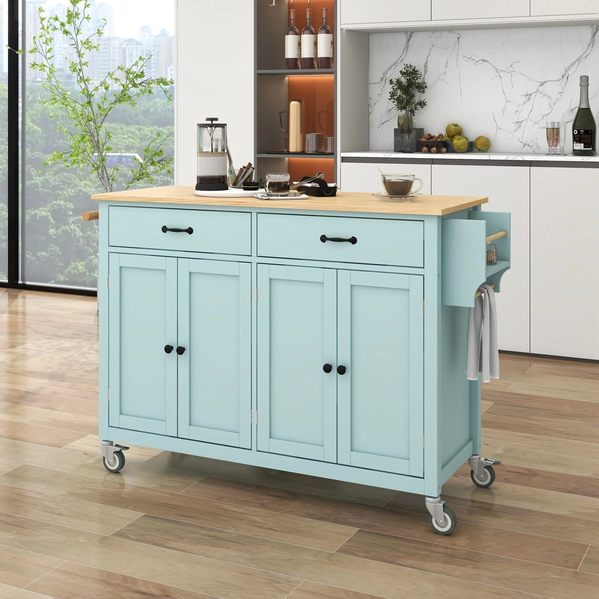 2-Drawer Rolling Kitchen Island Cart with Solid Wood Top & Door Cabinets Mint Green V816626