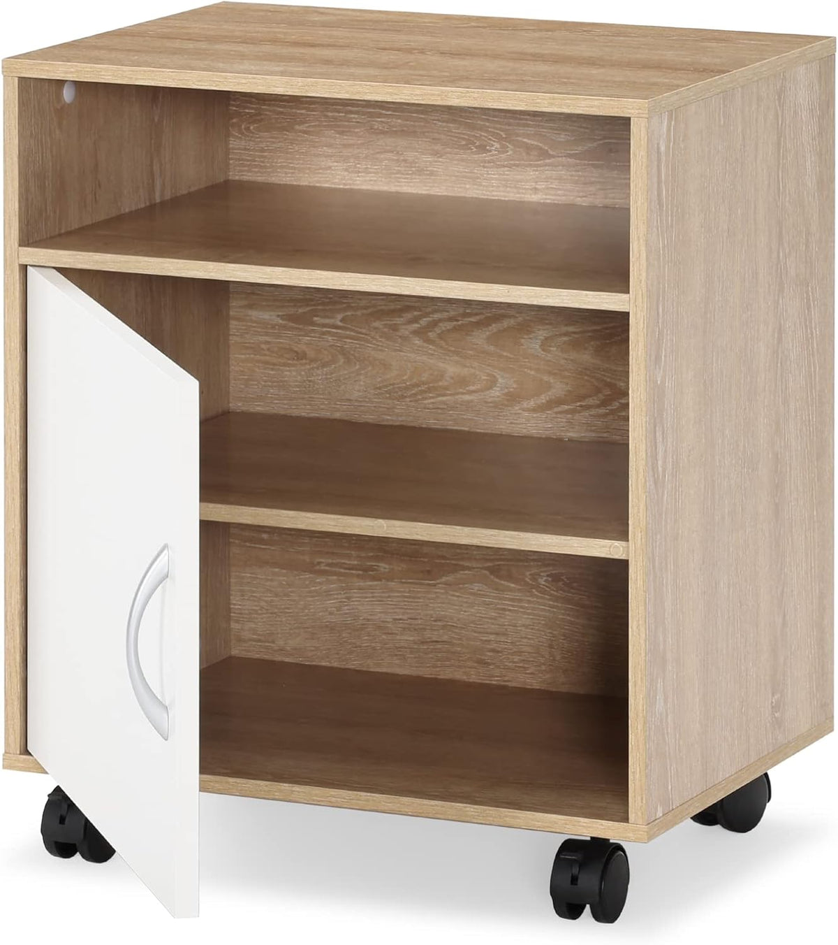 Printer Stand with Adjustable Storage Shelves, Mobile Black Wood Work Cart on Wheels, Rolling File Cabinet with Door T58565