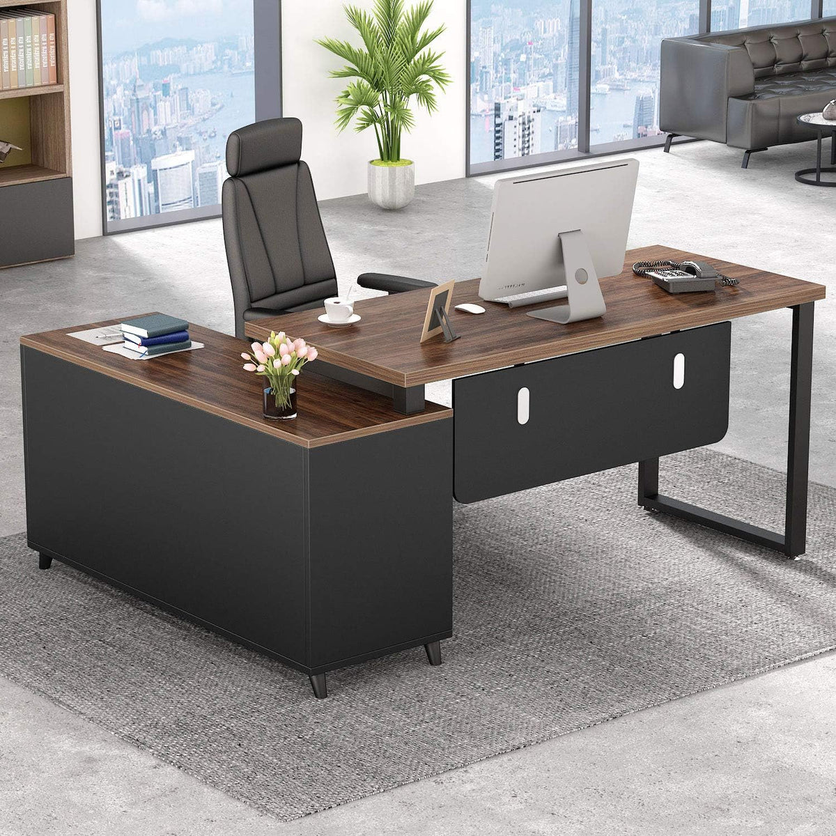 55 Inch L-Shaped Computer Desk with Drawers and File Cabinet X505489