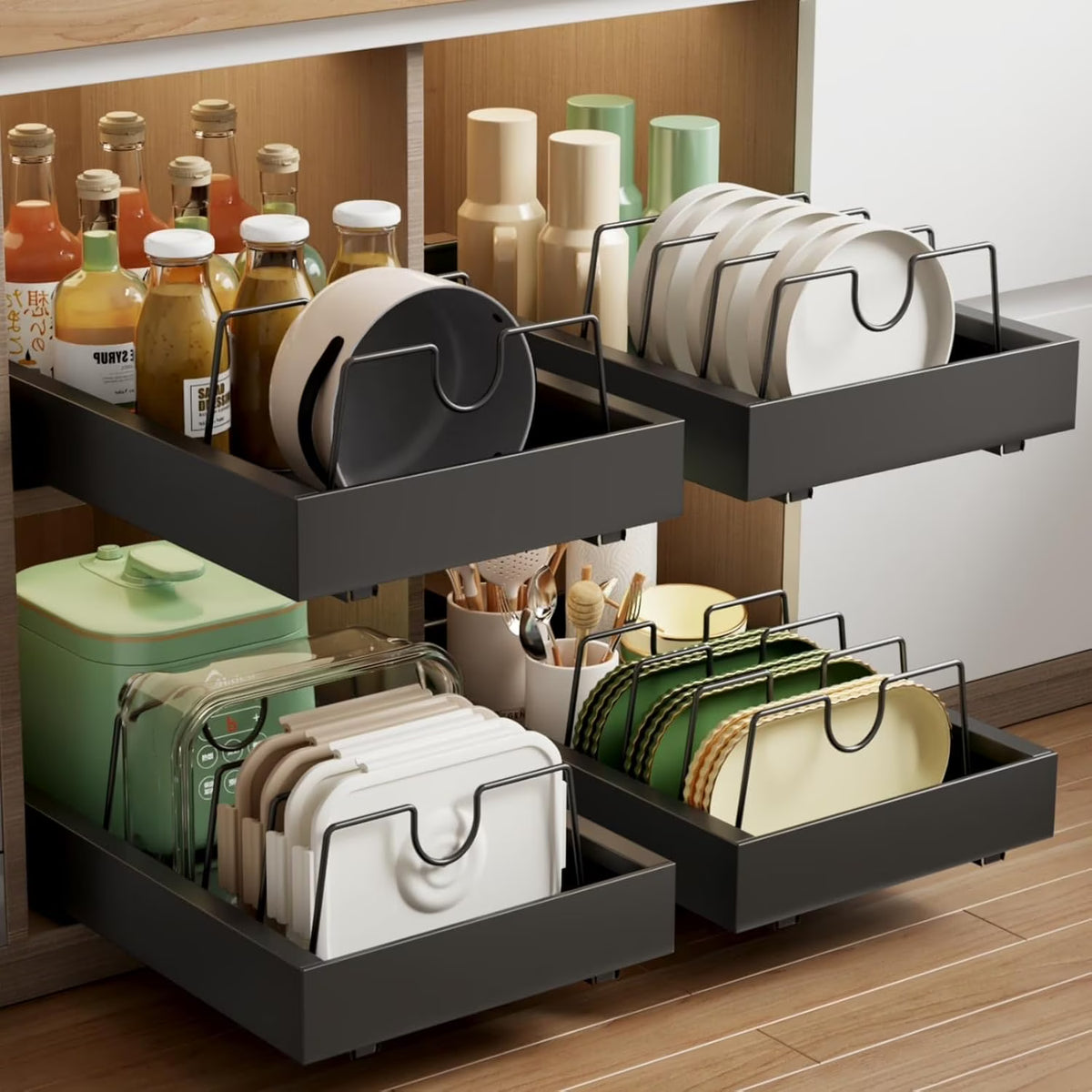 2 Pack Pull Out Cabinet Organizer, Slide Out Drawers, Heavy Duty Shelves, Black M512