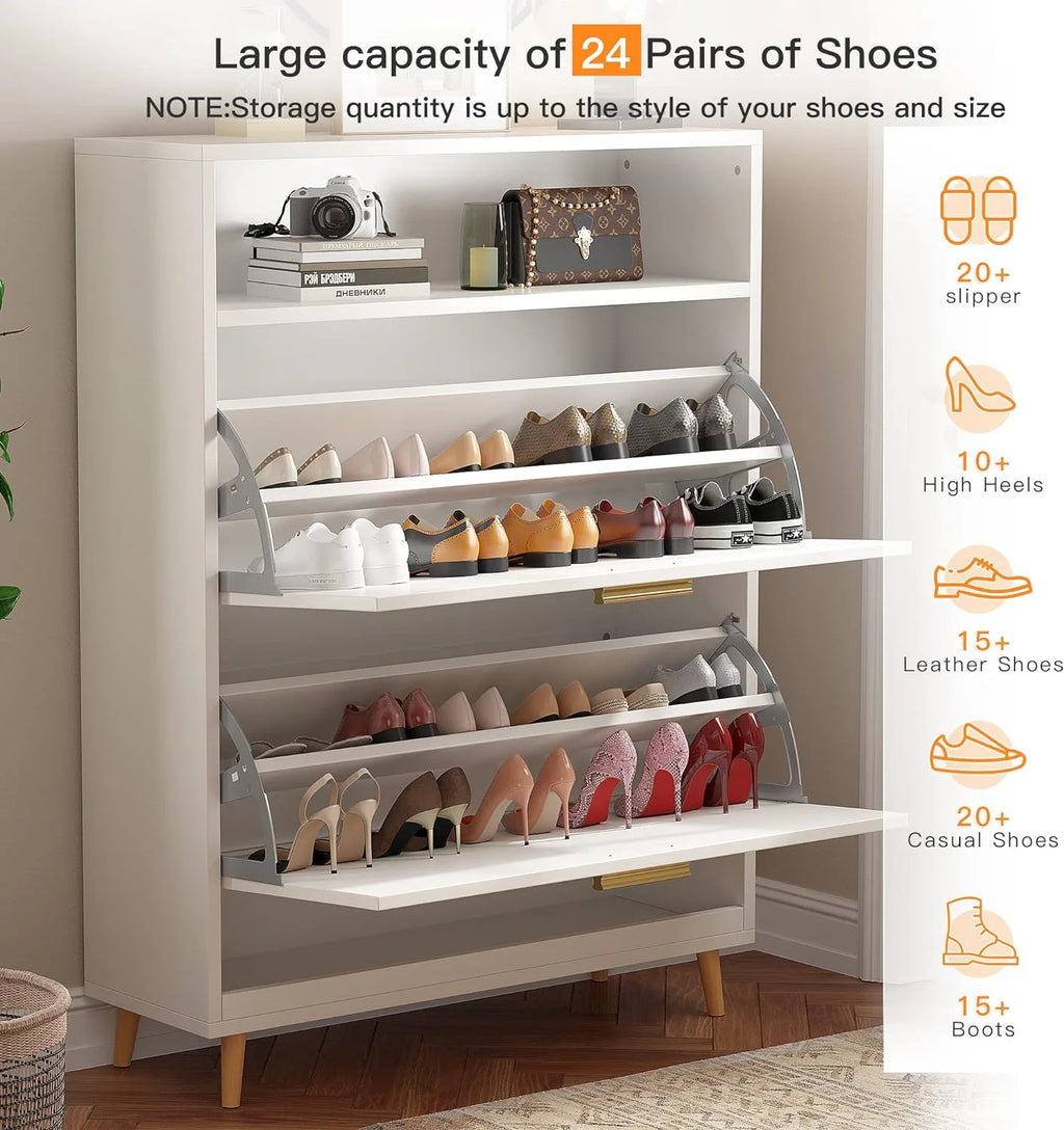 White Narrow Shoe Cabinet with 2 Flip Drawers S868109