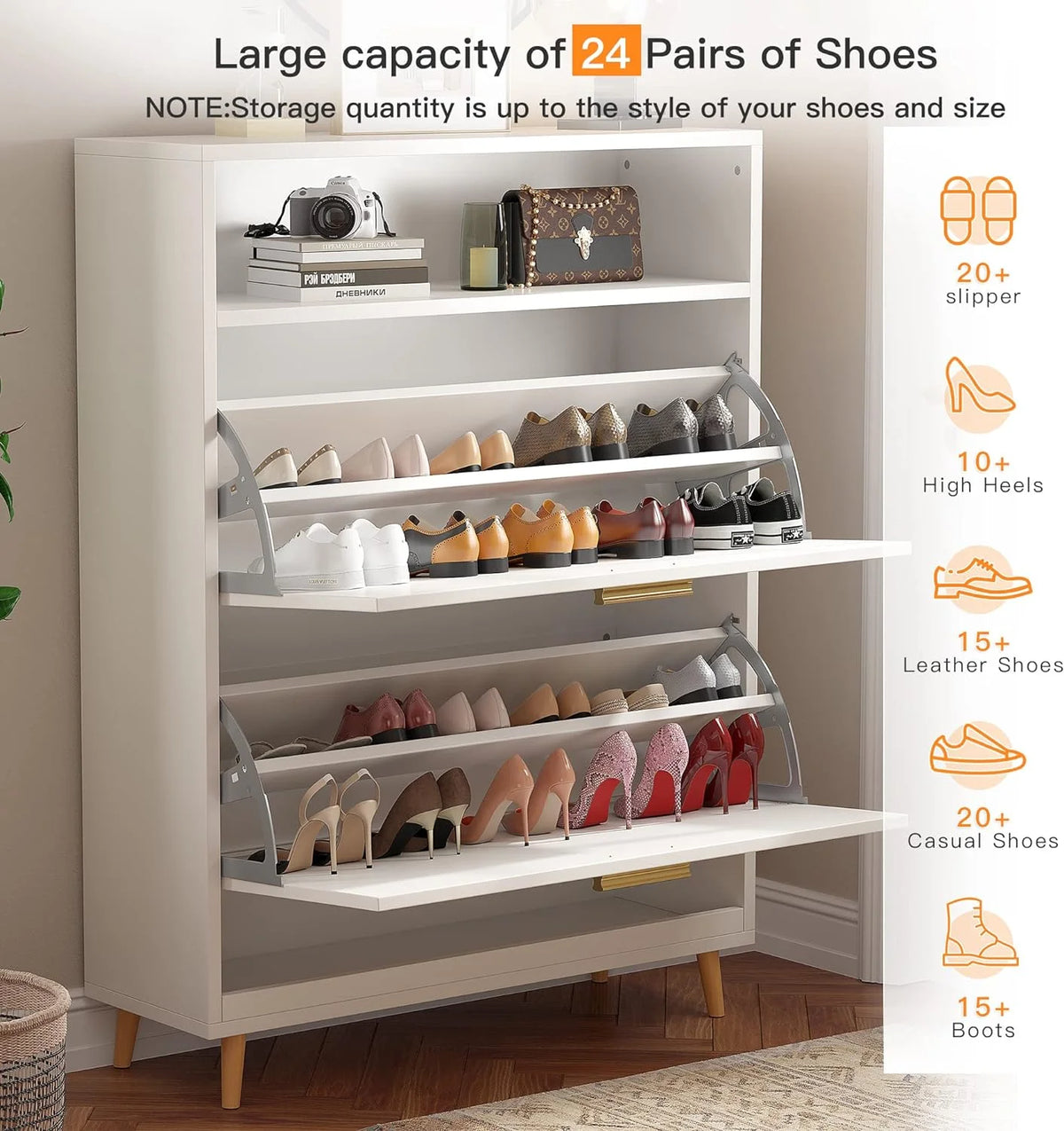 White Narrow Shoe Cabinet with 2 Flip Drawers S868109