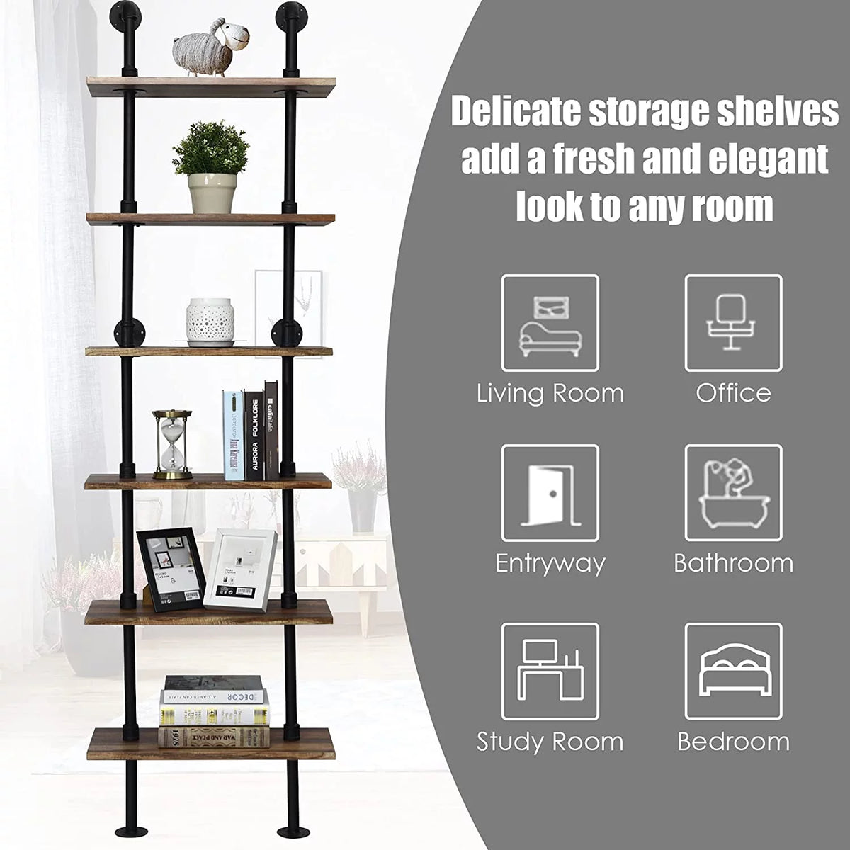 6-Tier 82 inch Wall-Mounted Pipe Bookshelf with Metal Frame X87609