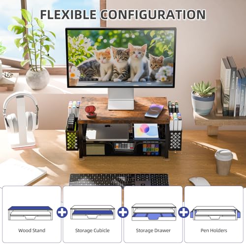 2 Tier Metal Monitor Stand with Drawer and Pen Holder, Black R11573