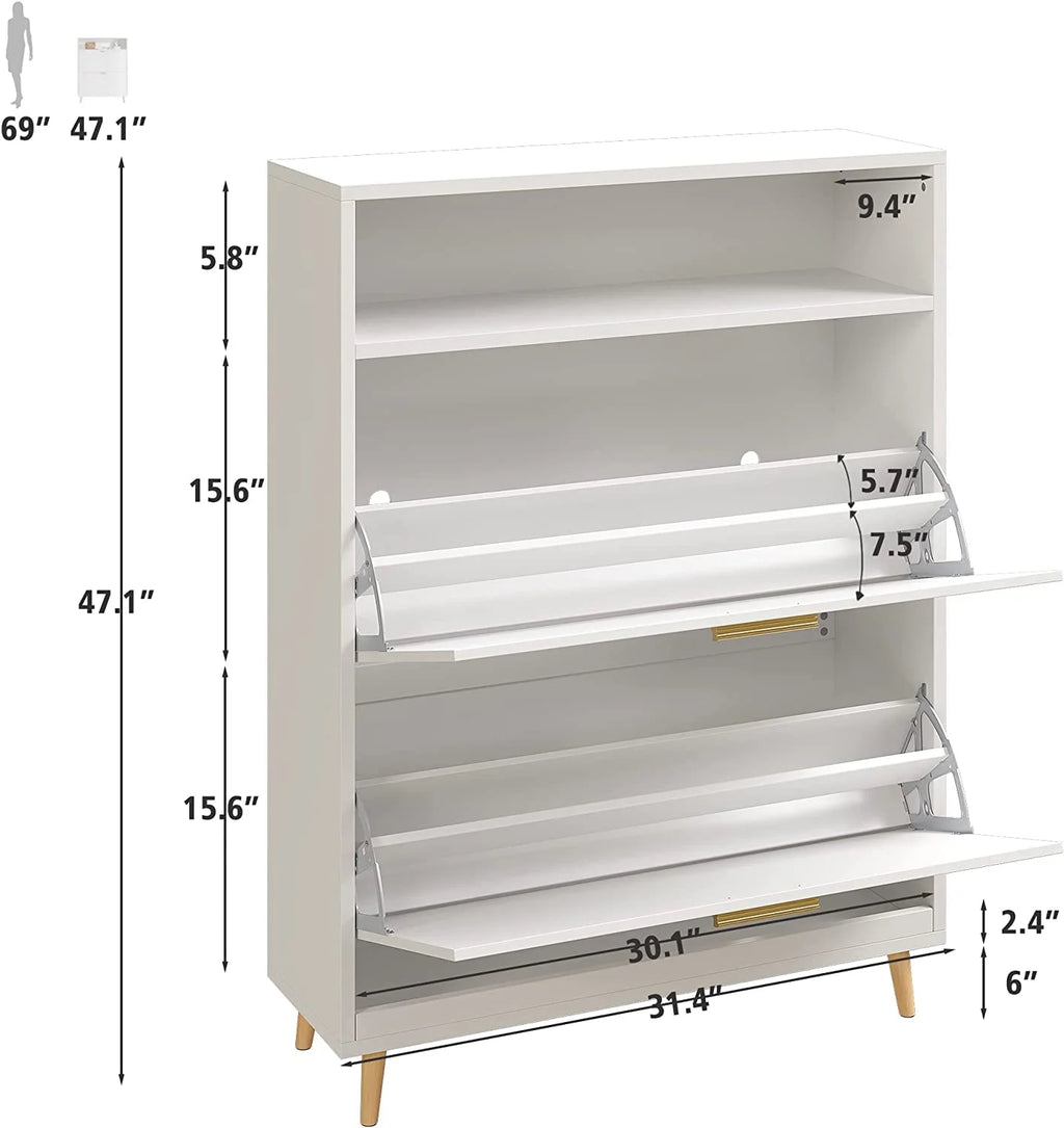 White Narrow Shoe Cabinet with 2 Flip Drawers S868109
