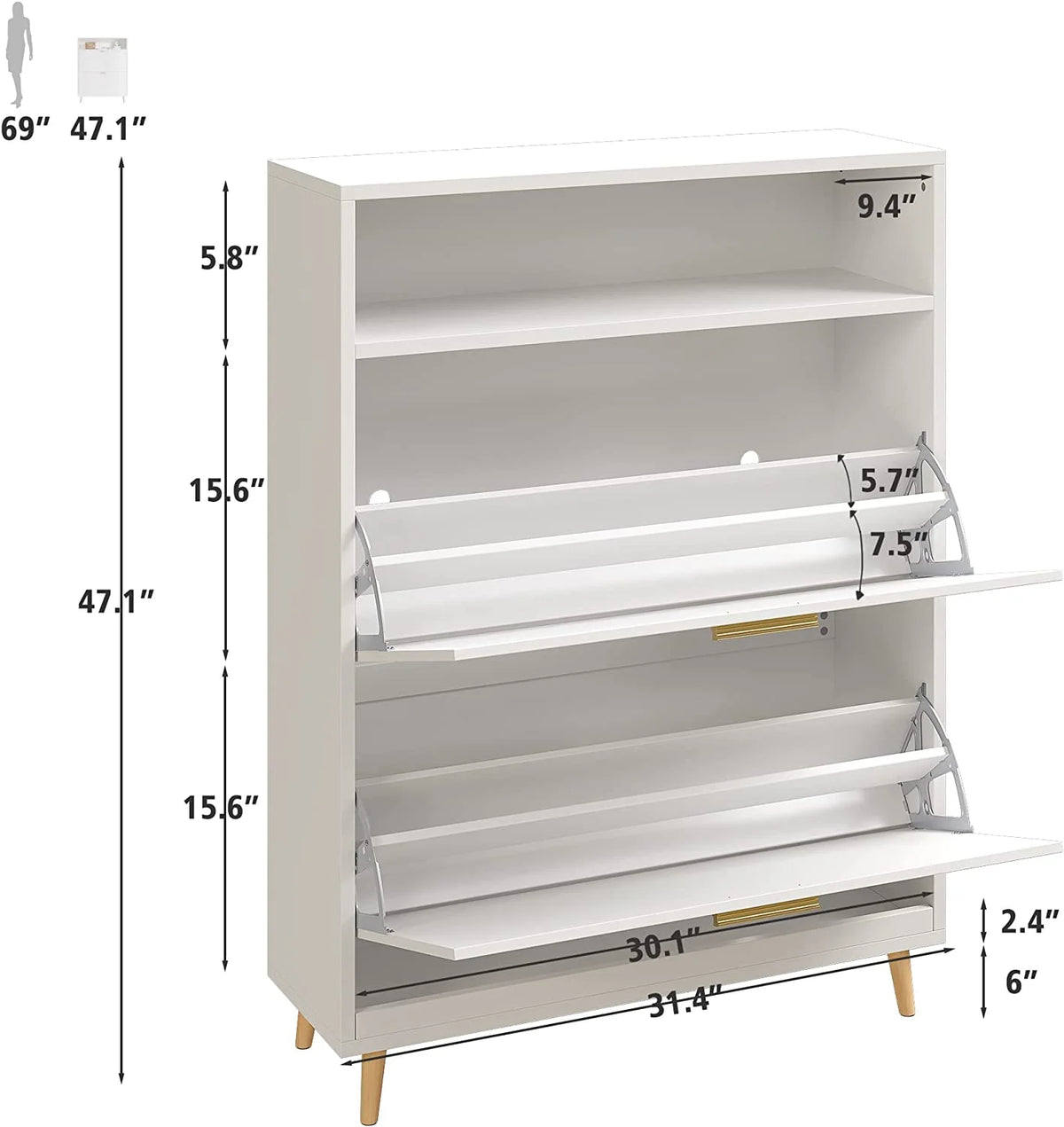 White Narrow Shoe Cabinet with 2 Flip Drawers S868109