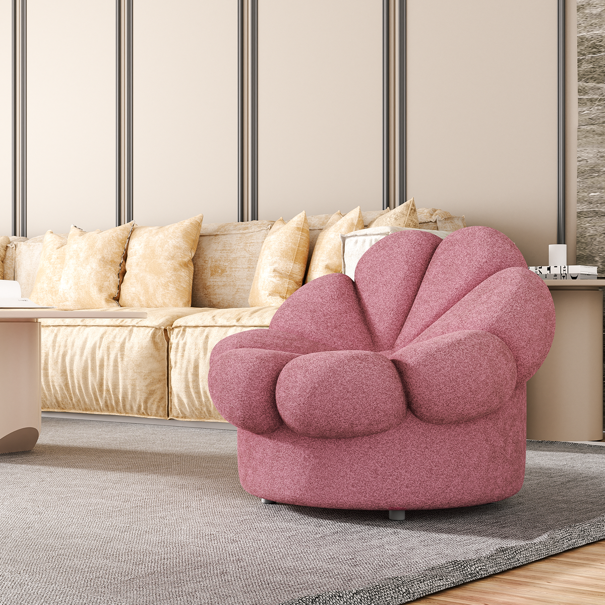 Rosewood Pink Mohair Blooming Flower Lazy Sofa T456