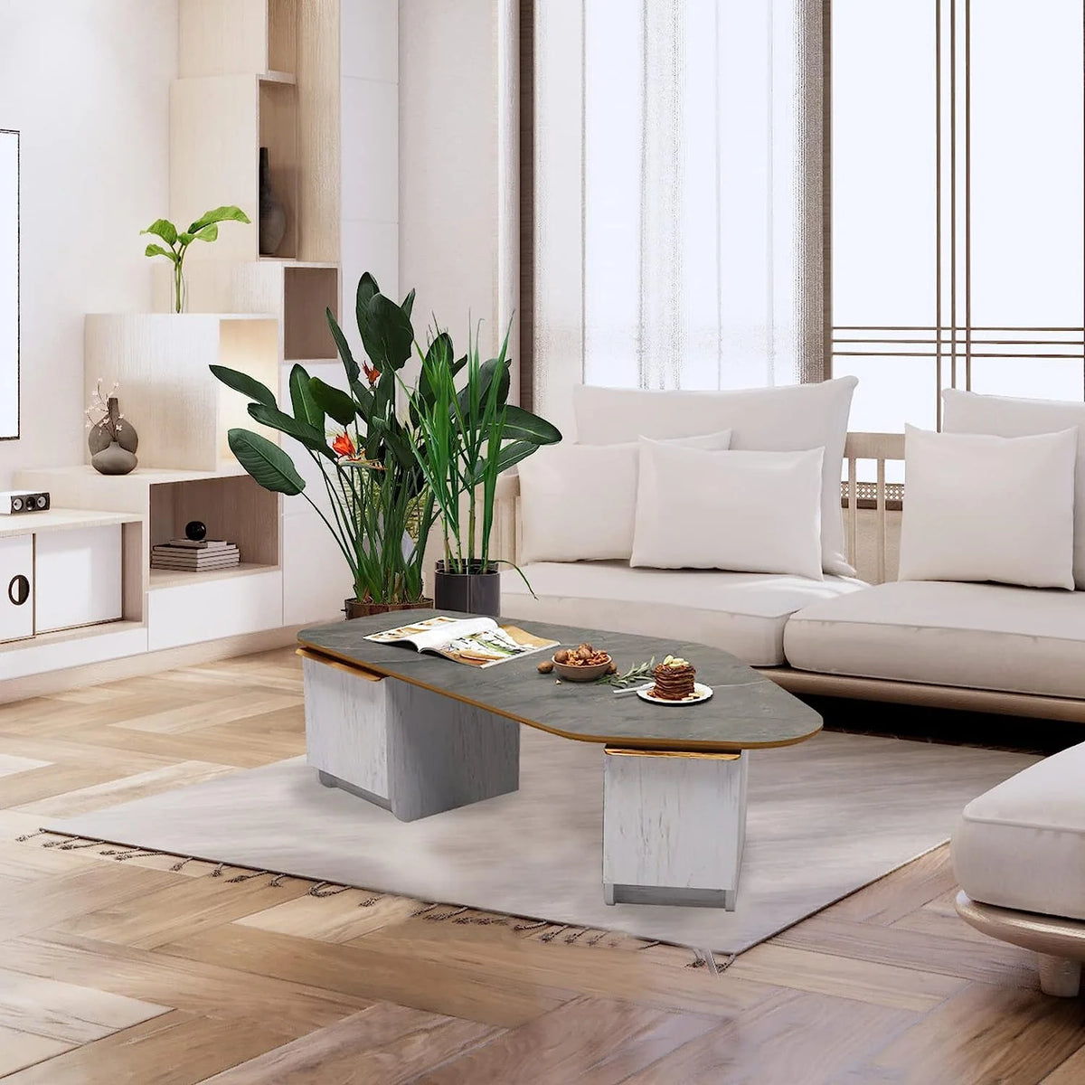 Faux Marble Coffee Table 47'' Wood with Storage U5395