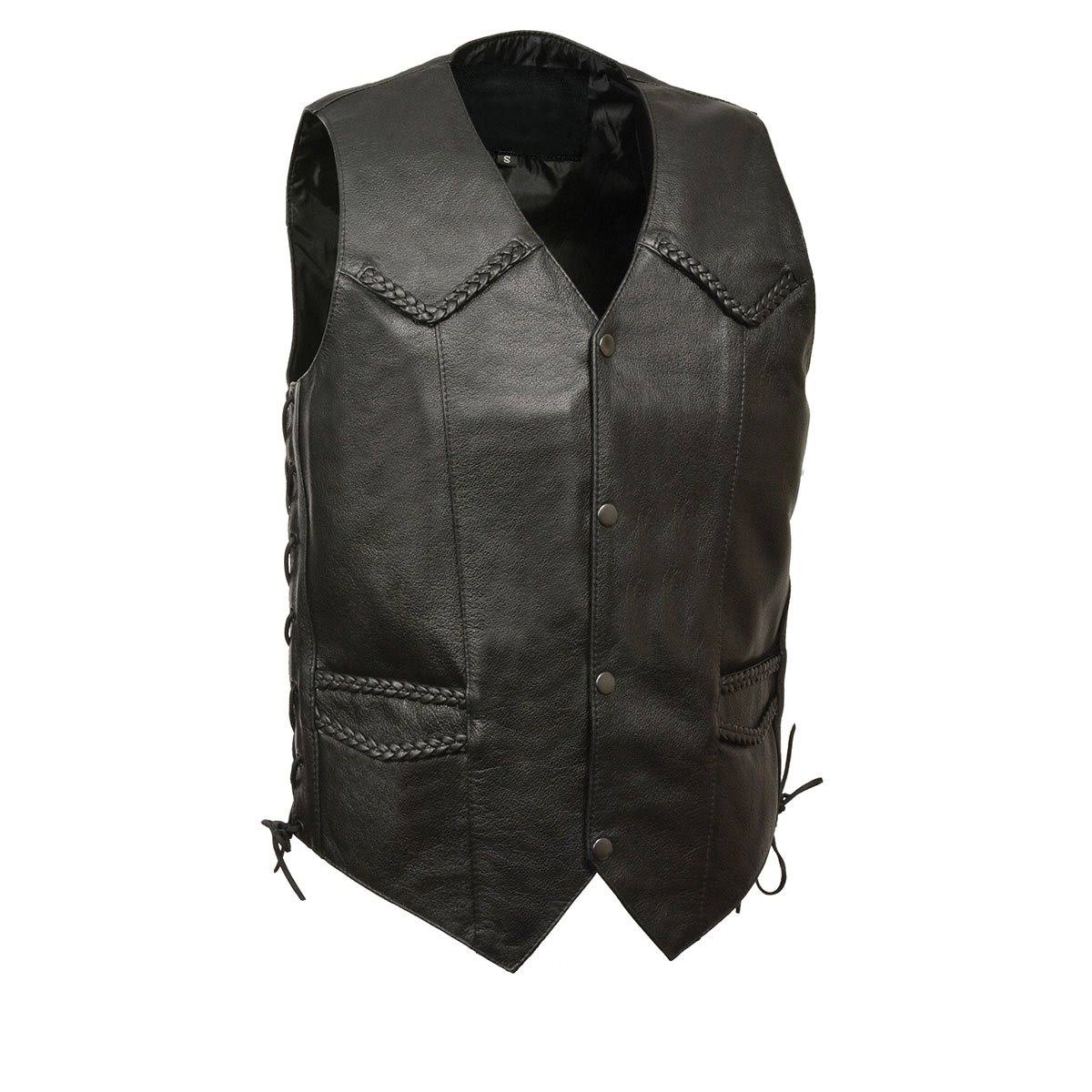 Men’s Black Classic Braided Motorcycle Biker Vest T3766