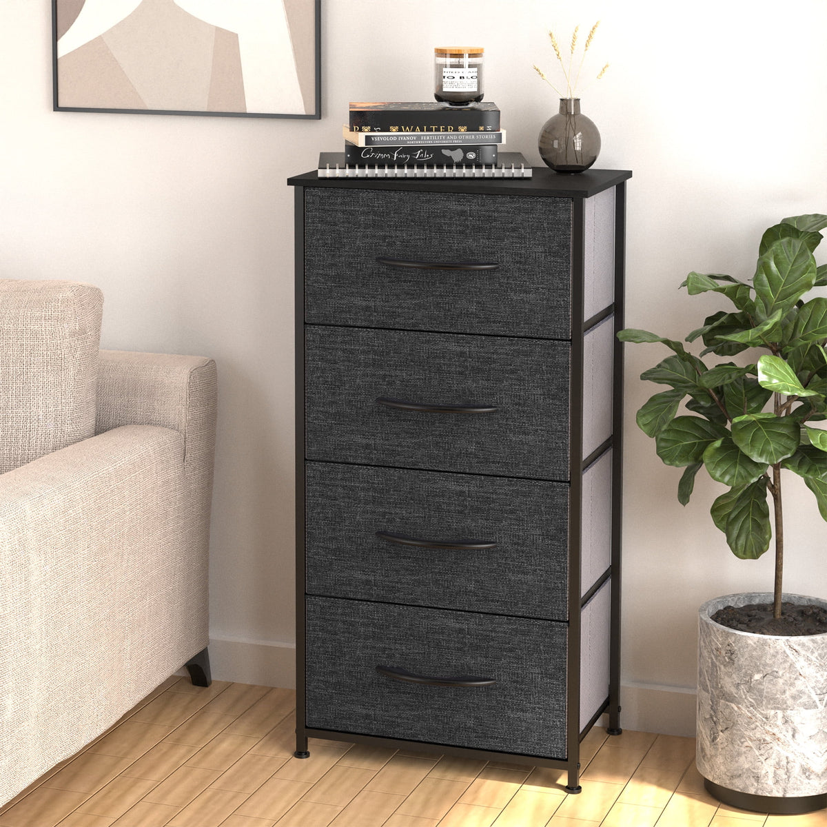 4 Drawers Dresser Storage Tower Black Grey X9955