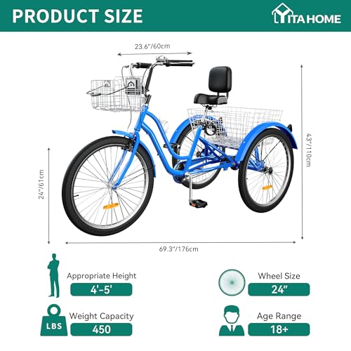 24 & 26 Inch 3-Wheel Adult Tricycle with Front and Rear Baskets Y7212