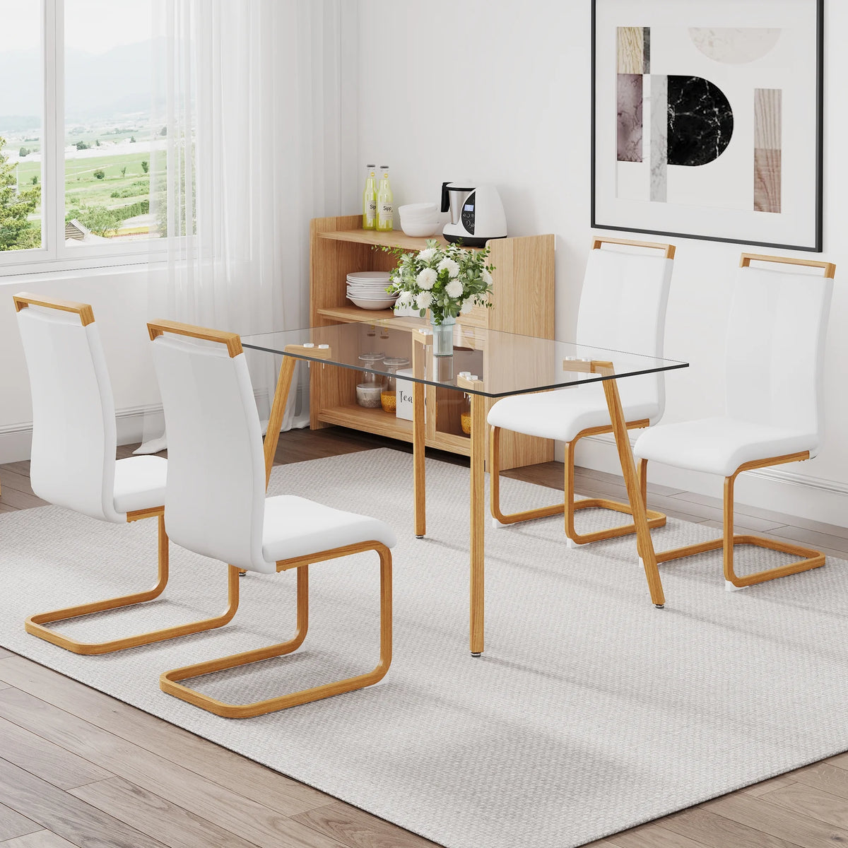 5 Piece Glass Dining Table Set with 4 White Chairs N57616