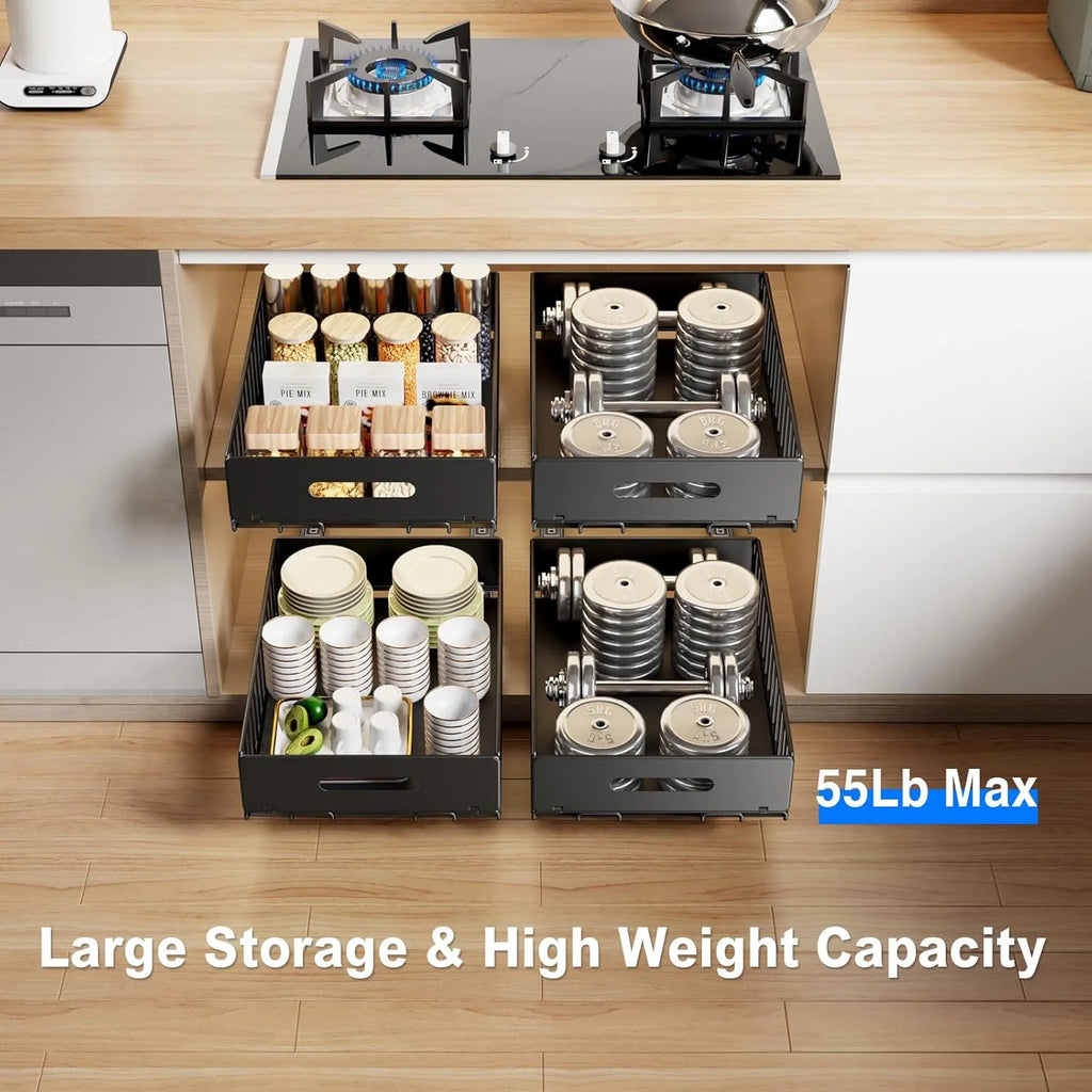 2 Pack Pull Out Cabinet Organizer, Slide Out Drawers, Heavy Duty Shelves, Black M512