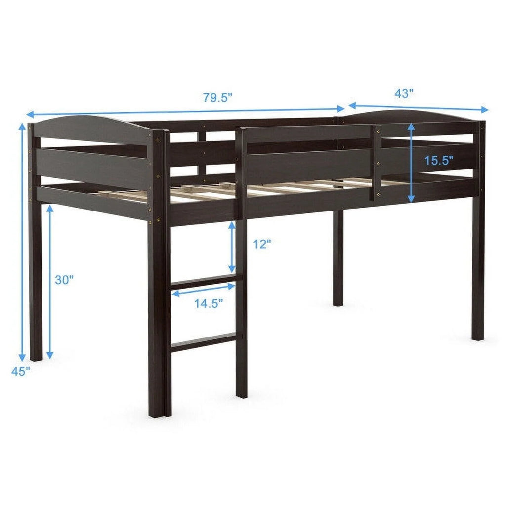 Twin Wooden Low Loft Bunk Bed with Guard Rail and Ladder E48746