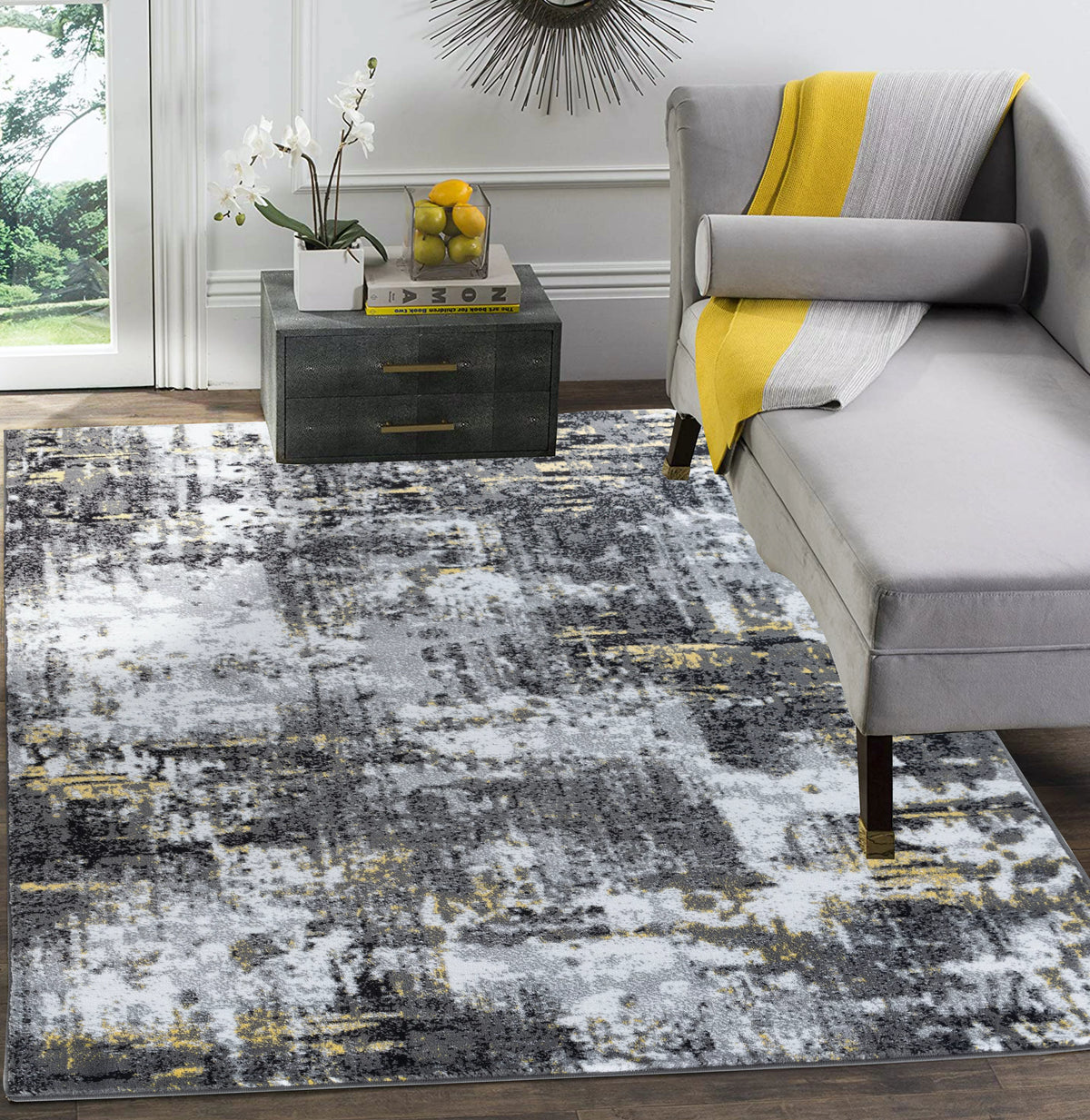 Black Yellow Gray White Distressed Geometric Abstract Rug Y10069