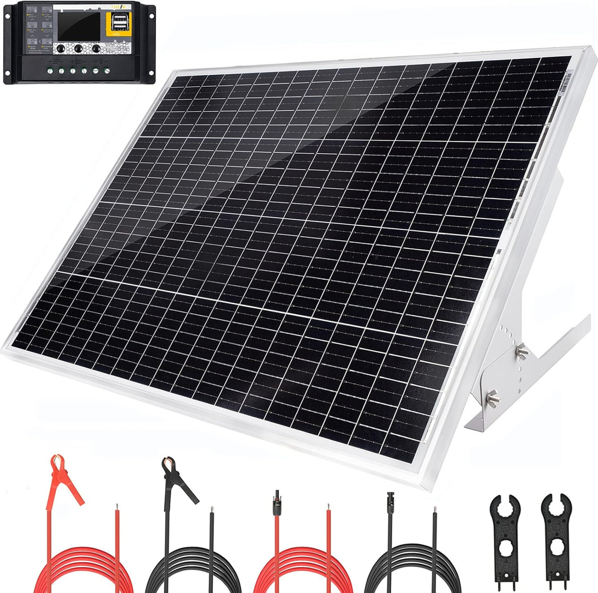 100 Watt 12V Solar Panel Kit with Adjustable Tilt Mount Brackets and 30A PWM Solar Charge Controller R205