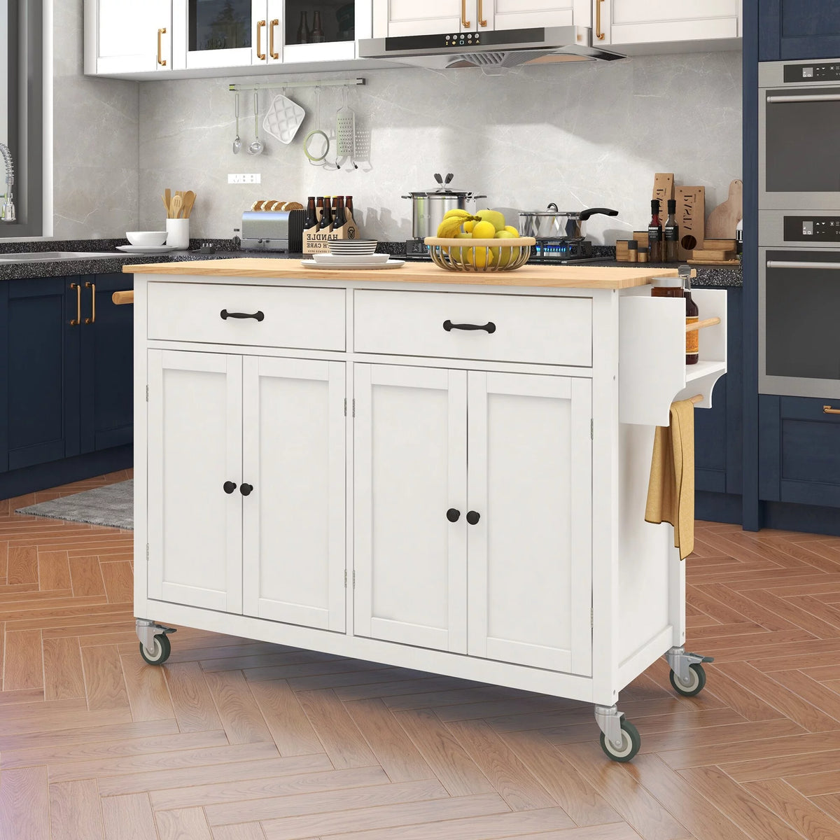 2-Drawer Rolling Kitchen Island Cart with Solid Wood Top & Door Cabinets Mint Green V816626