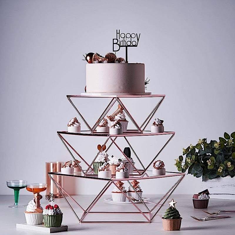 3 Rose Gold Metal Glass Geometric Cake Stands X8831