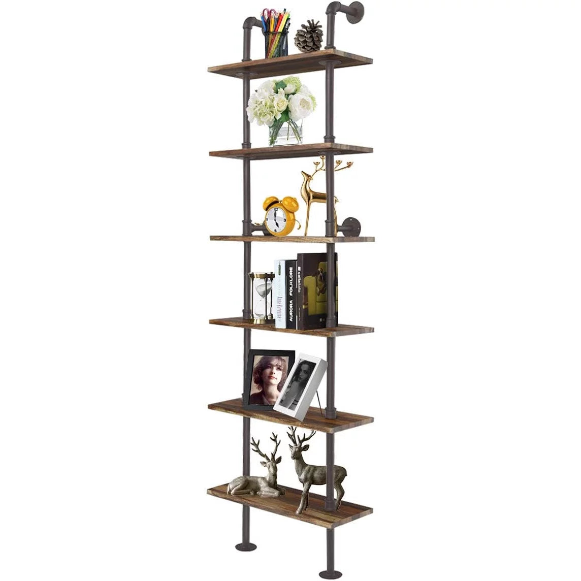 6-Tier 82 inch Wall-Mounted Pipe Bookshelf with Metal Frame X87609