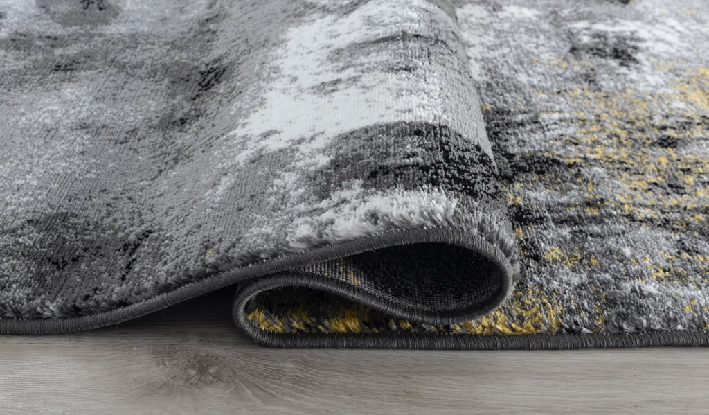 Black Yellow Gray White Distressed Geometric Abstract Rug Y10069