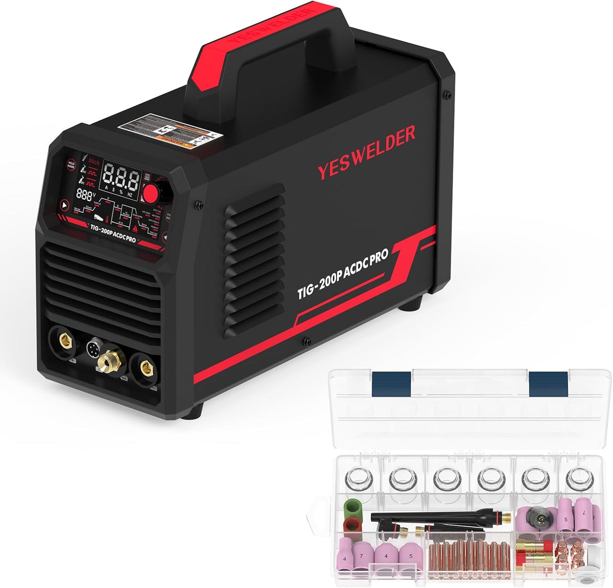 200A AC/DC Pulse Digital Inverter TIG/STICK Welder with 71Pcs TIG Torch Gas Lens Y703015