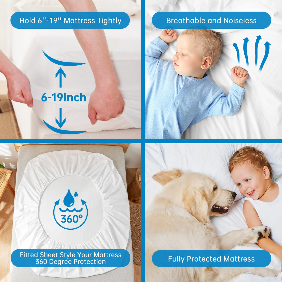 100% Waterproof Breathable Machine Washable White Queen Mattress Protector O5185