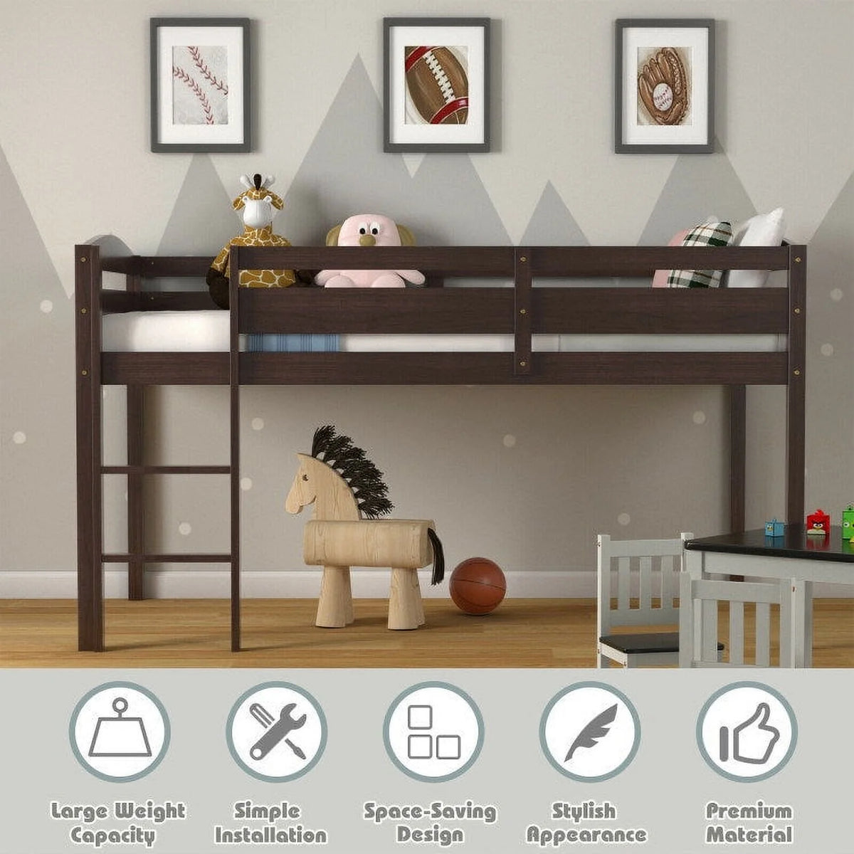Twin Wooden Low Loft Bunk Bed with Guard Rail and Ladder E48746