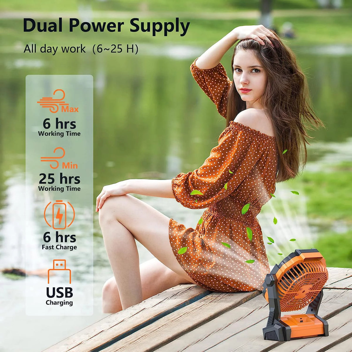 Camping Fan with Light, Portable USB Rechargeable Fan, Orange A735213