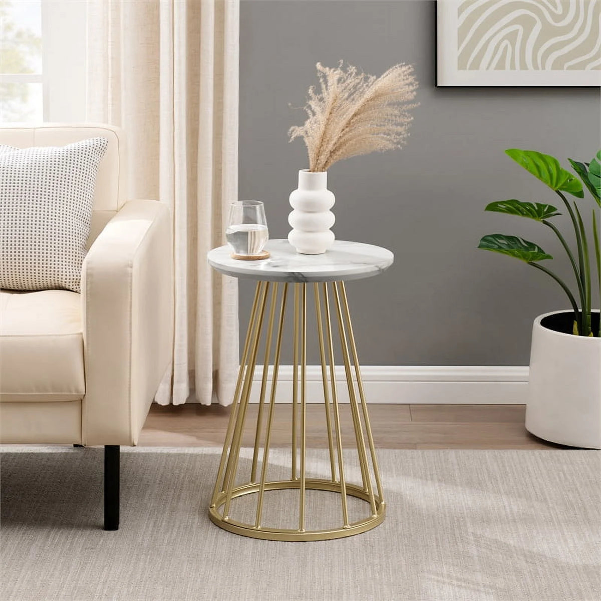 16" Modern Wood Side Table with Metal Caged Base J566423