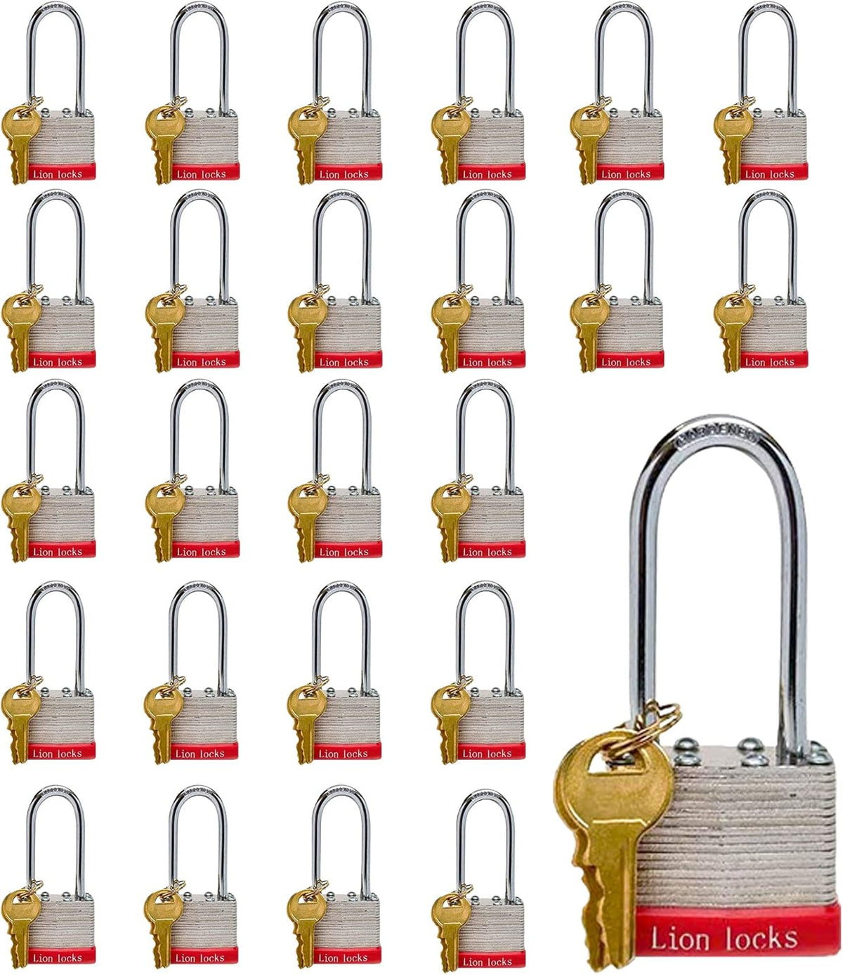 24 Keyed-Alike Padlocks with Long Shackle, 48 Keys, Hardened Steel Case, Brass Pin Cylinder O8973
