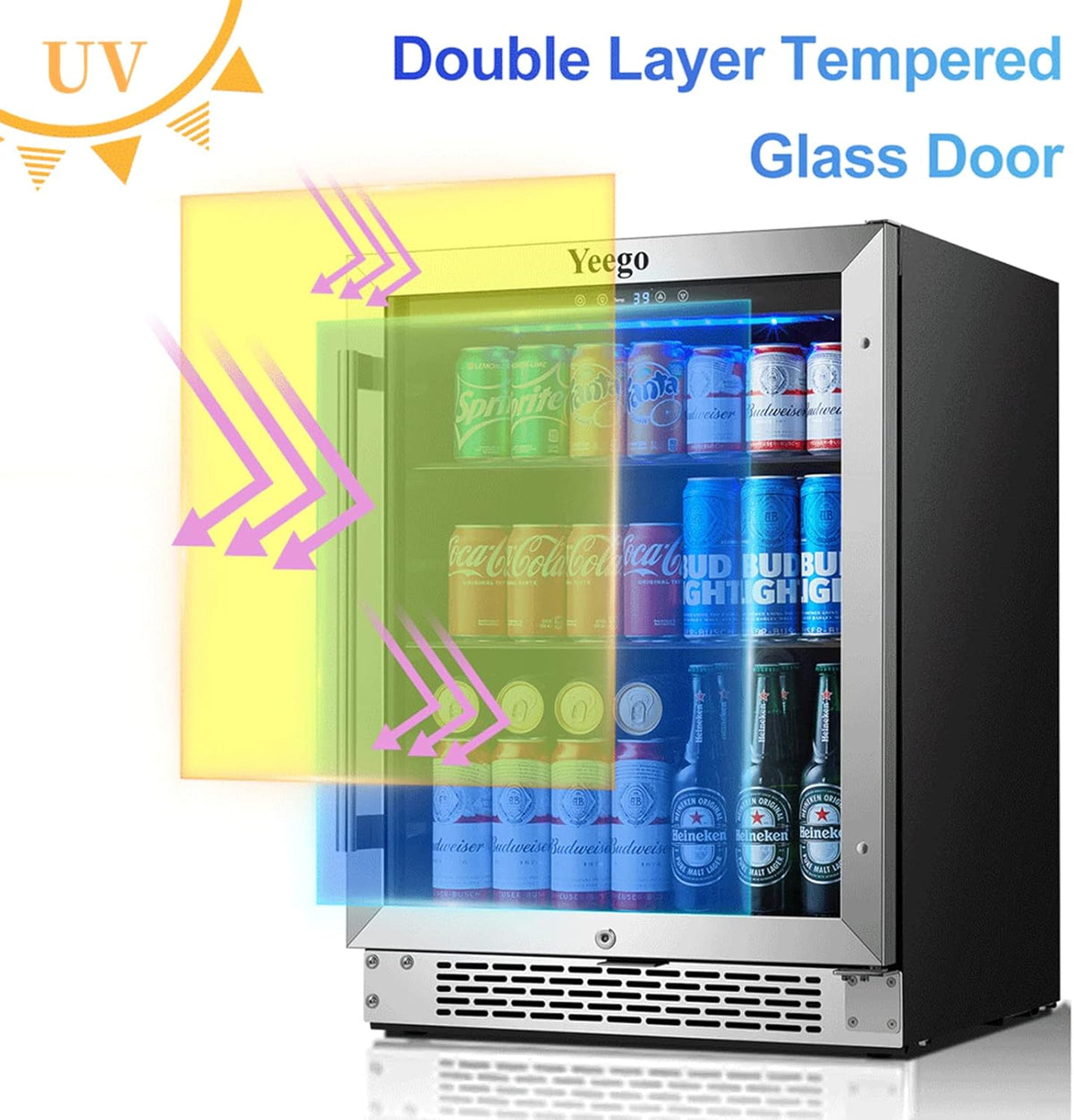 24'' 140 can Stainless Steel Beverage Refrigerator with Reversible Double-Layer Tempered Glass Door W509502