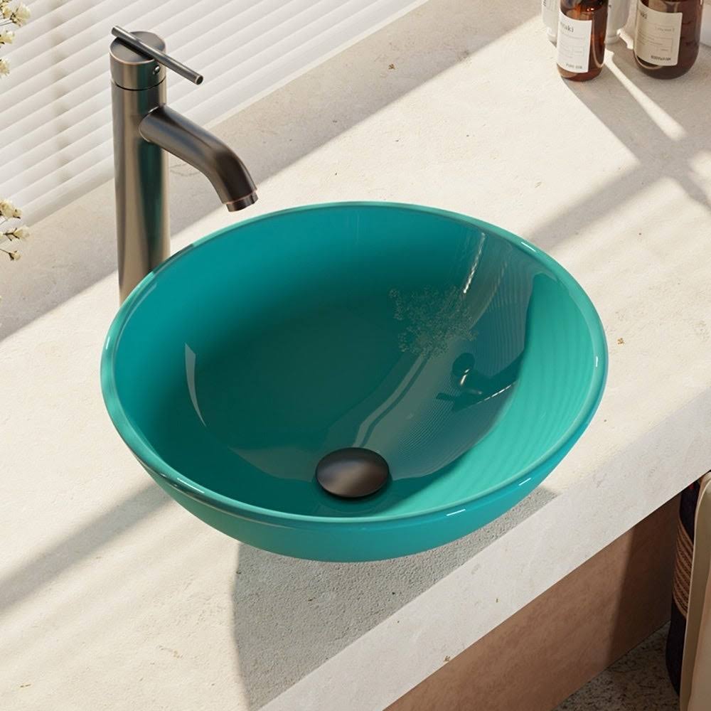 16-1/2x22 Glass Vessel Bathroom Sink with Vessel Faucet Cerulean Brushed U999