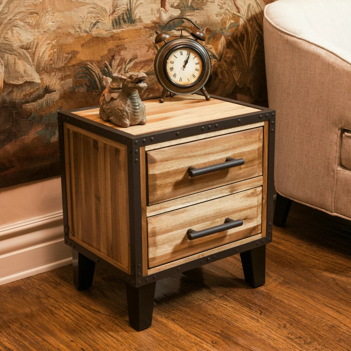 Natural Solid Wood Two Drawer Nightstand U30943