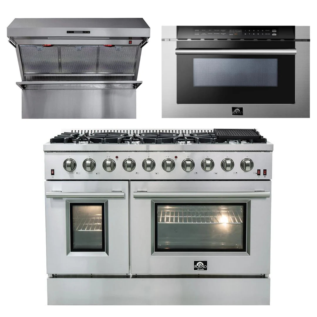 48 Inch Gas Range, Wall Mount Range Hood, Microwave Drawer R3075