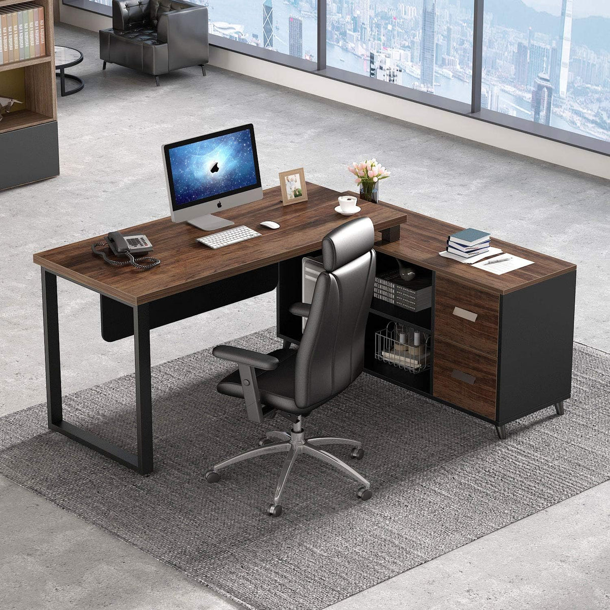55 Inch L-Shaped Computer Desk with Drawers and File Cabinet X505489