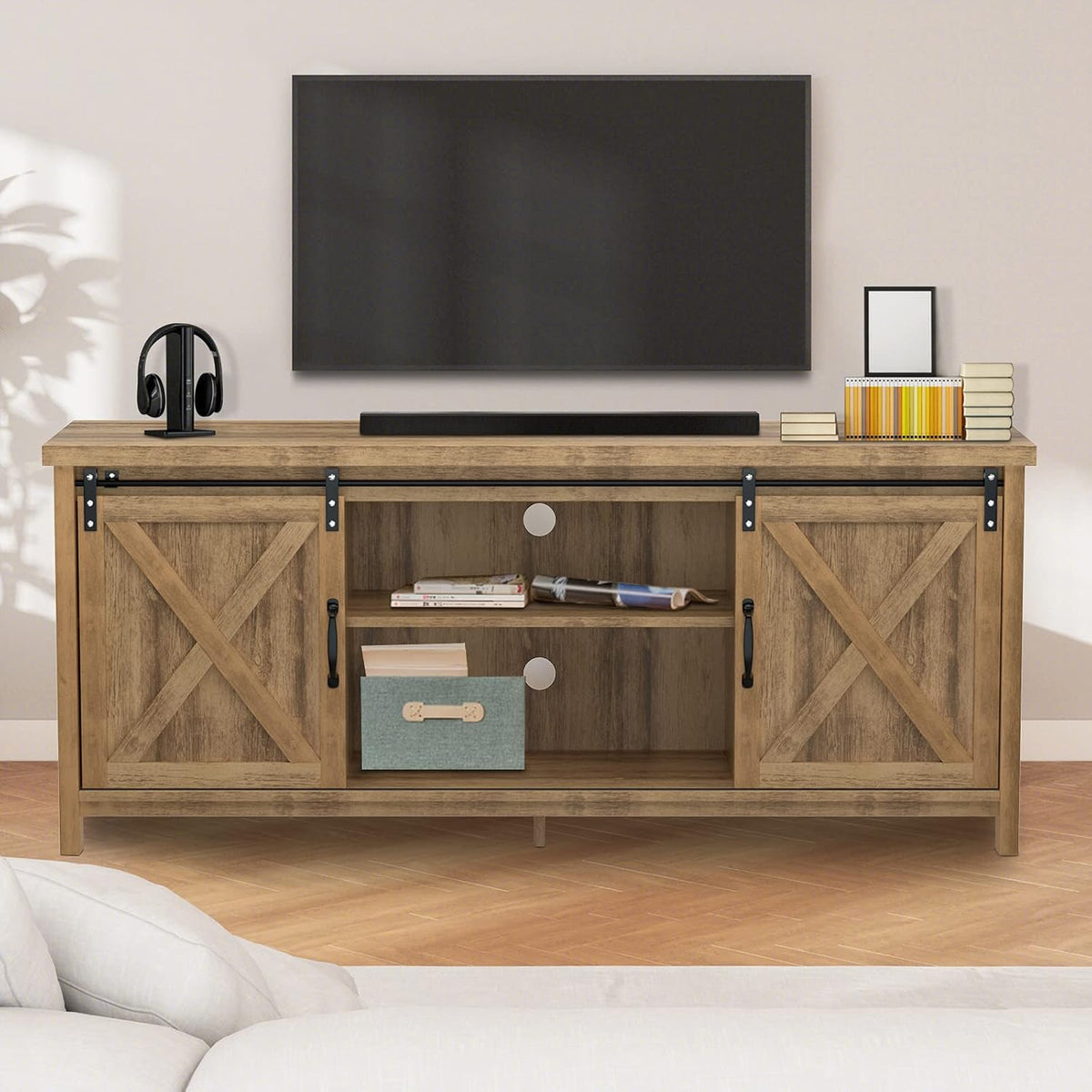 Farmhouse TV Stand with Sliding Barn Doors, Grey Q319