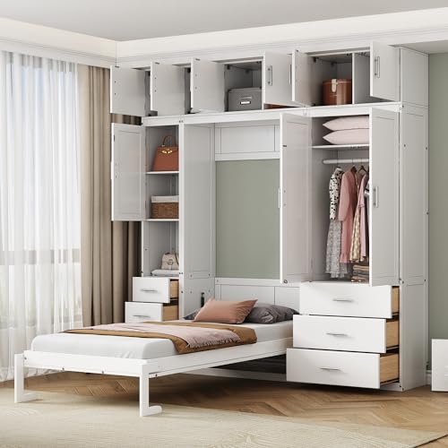 Twin Size Murphy Bed Frame with Lockers and Wardrobes, White H550070
