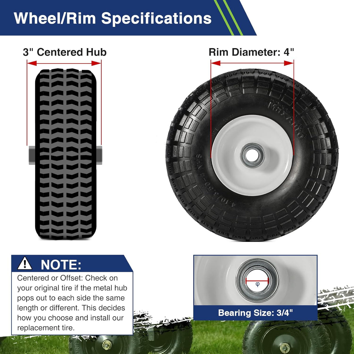 10 Flat Free Solid Rubber Tires with 3/4 Centered Bearings, 4 Pack P20339