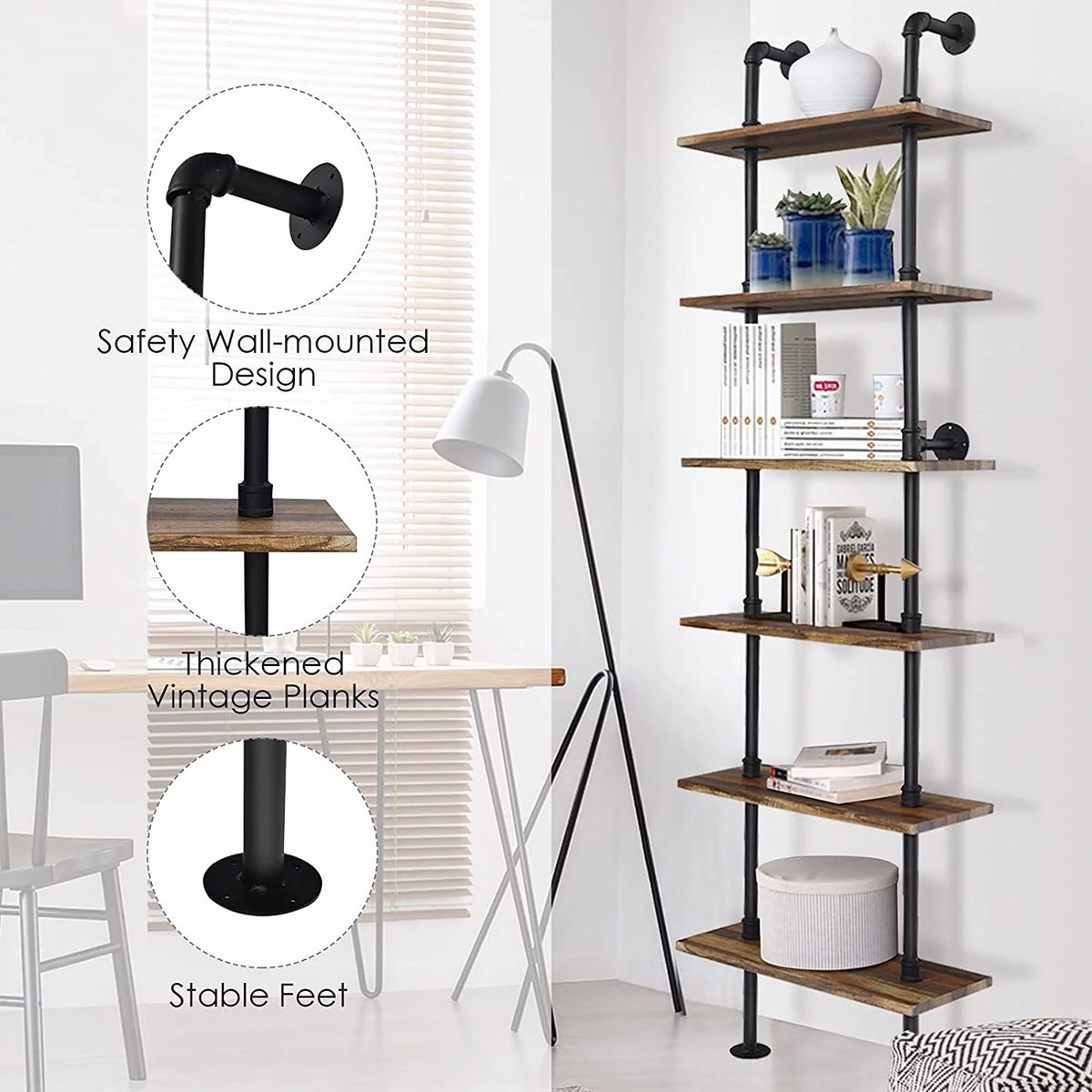 6-Tier 82 inch Wall-Mounted Pipe Bookshelf with Metal Frame X87609