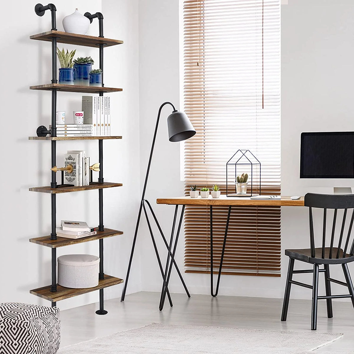 6-Tier 82 inch Wall-Mounted Pipe Bookshelf with Metal Frame X87609