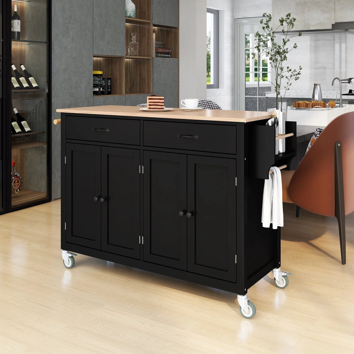 2-Drawer Rolling Kitchen Island Cart with Solid Wood Top & Door Cabinets Mint Green V816626