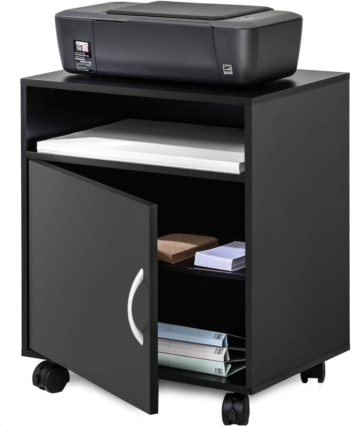 Printer Stand with Adjustable Storage Shelves, Mobile Black Wood Work Cart on Wheels, Rolling File Cabinet with Door T58565