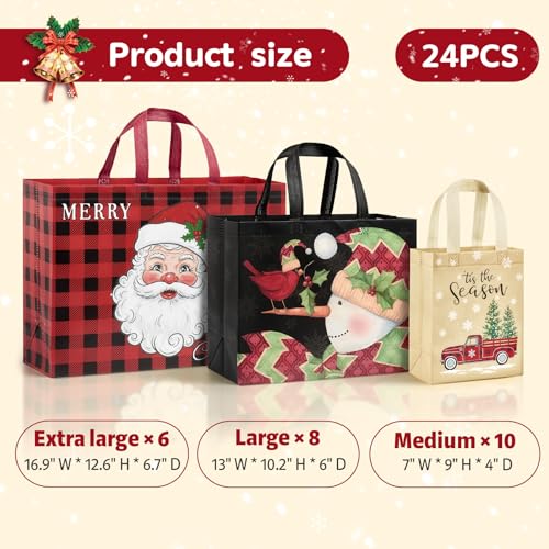 24 Pack Assorted Sizes Reusable Non-Woven Christmas Tote Bags with Handles V938