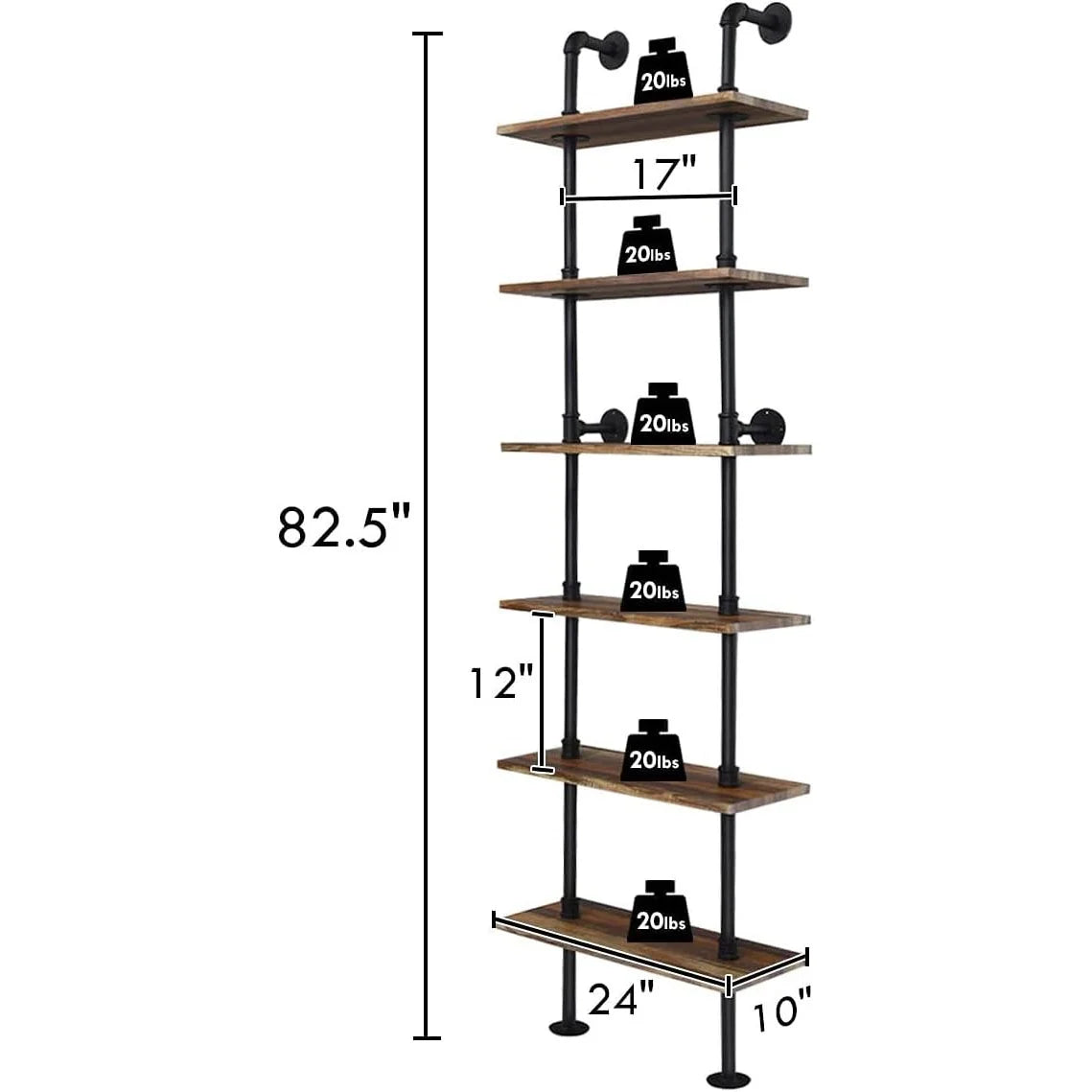 6-Tier 82 inch Wall-Mounted Pipe Bookshelf with Metal Frame X87609