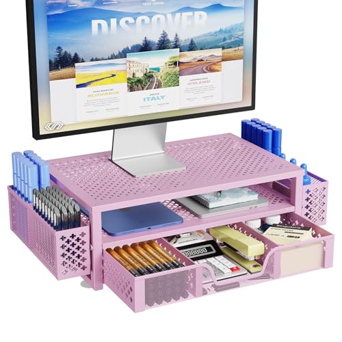 2 Tier Metal Monitor Stand with Drawer and Pen Holder, Black R11573