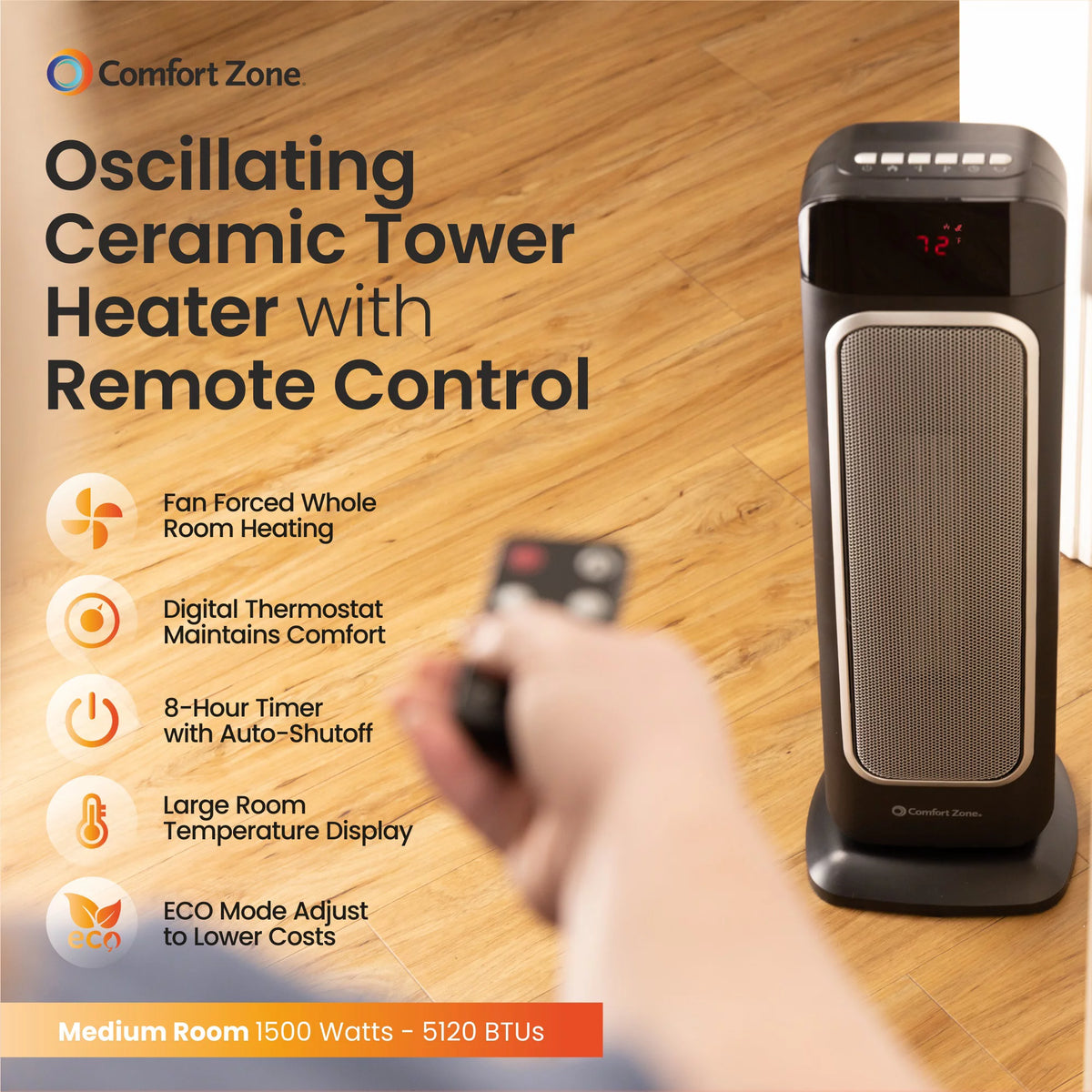 1500 Watt 29" Oscillating Digital Tower Heater with Remote, Adjustable Thermostat, Black Y537