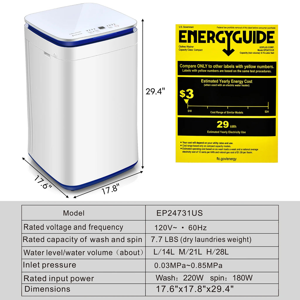 7.7 lbs Compact Full Automatic Washing Machine T278985